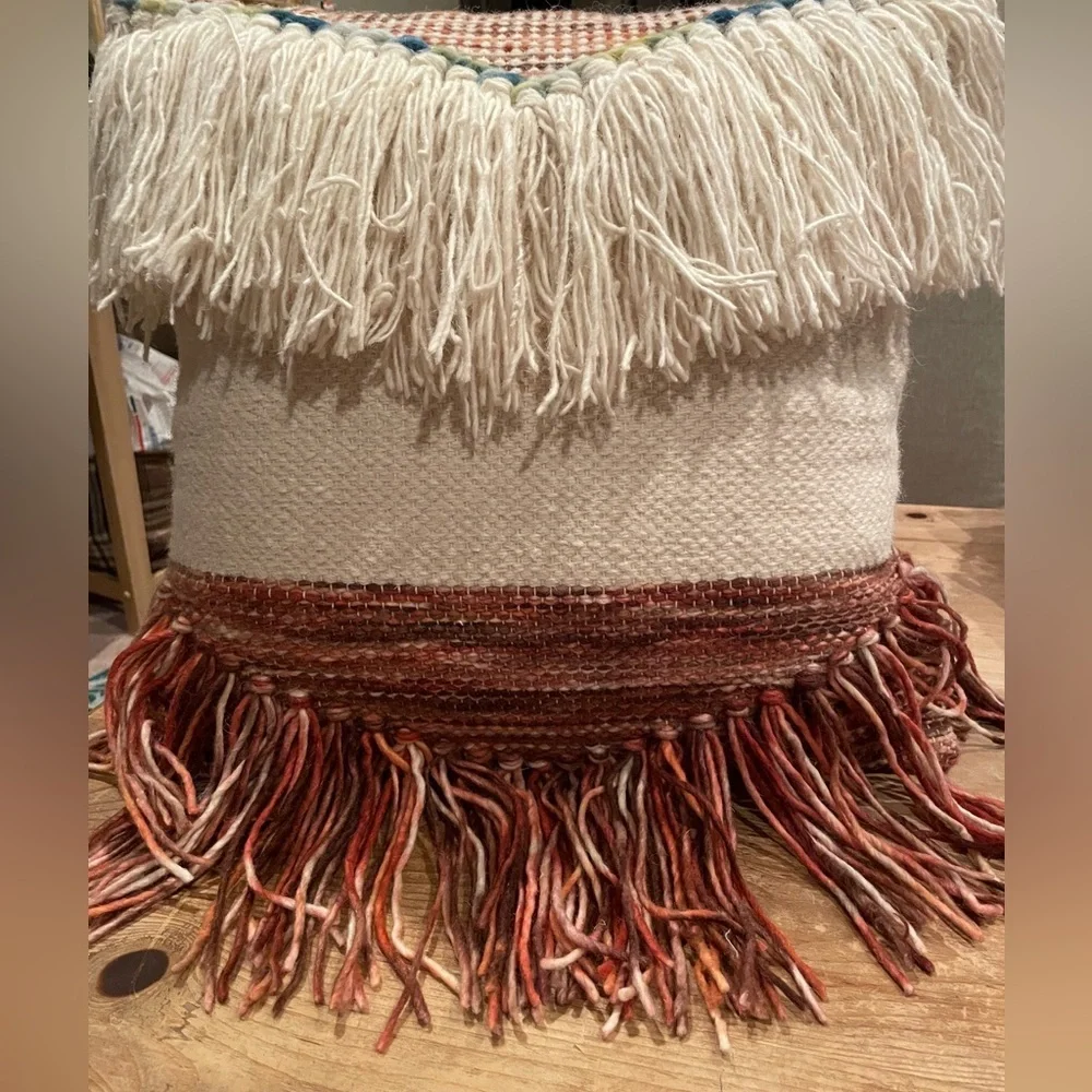 NWT World Market Throw Pillow Fringe Textured Tweed Ivory Multi 18x18